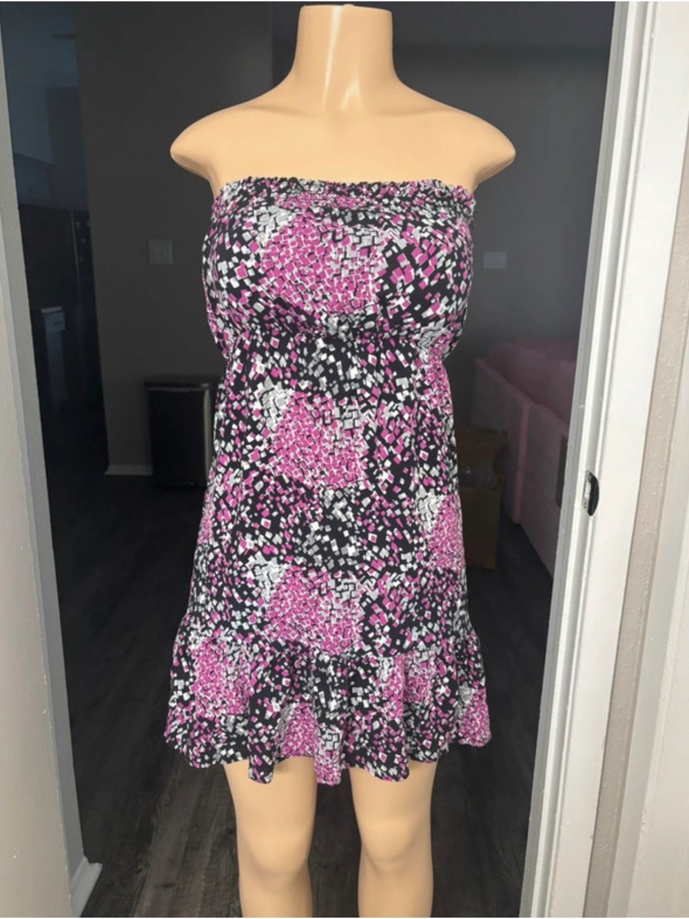 Poetry Strapless Mosaic Print Dress in Pink and Black